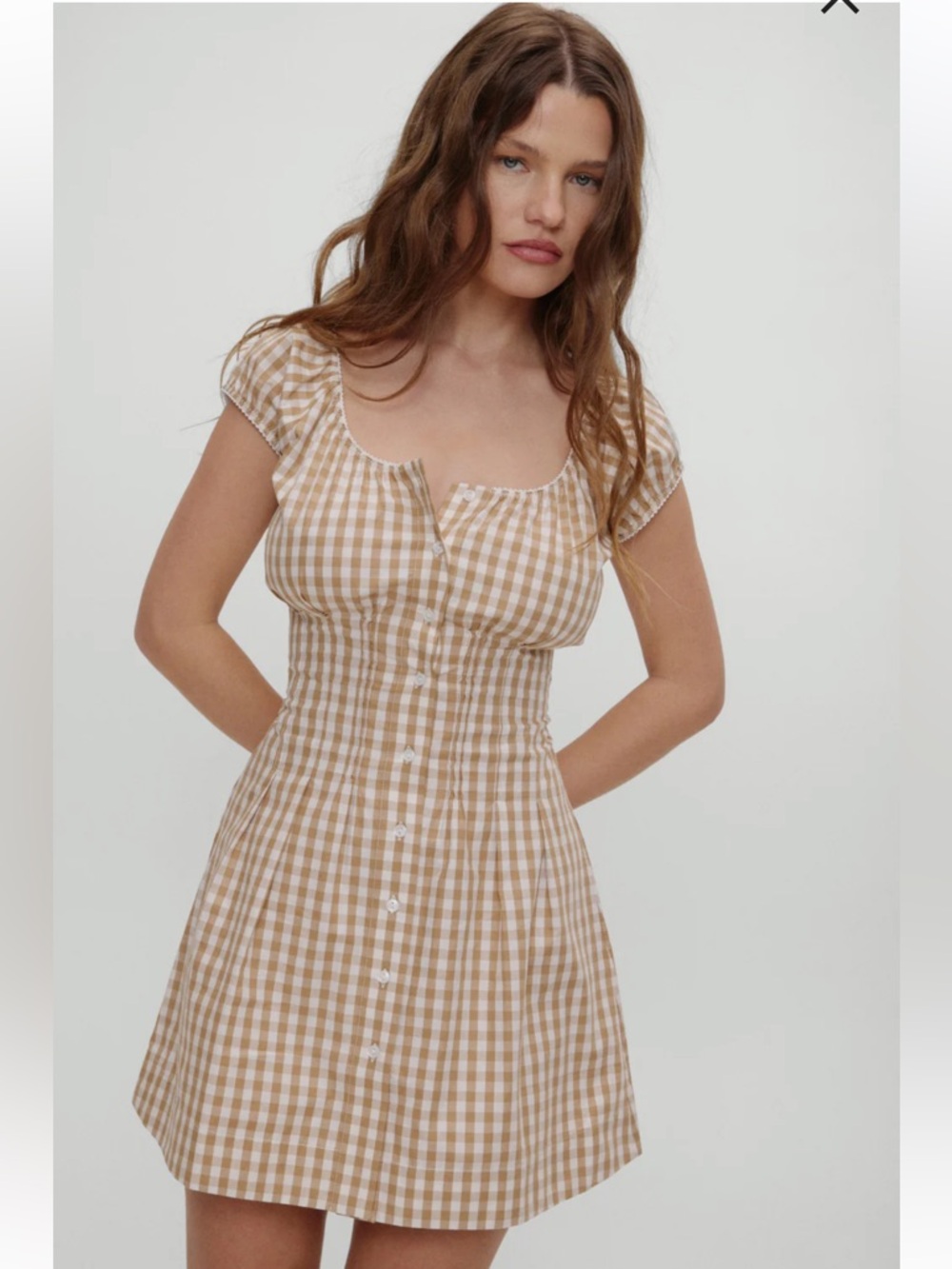 Frankie's Bikinis Tan and White Gingham Midi Dress